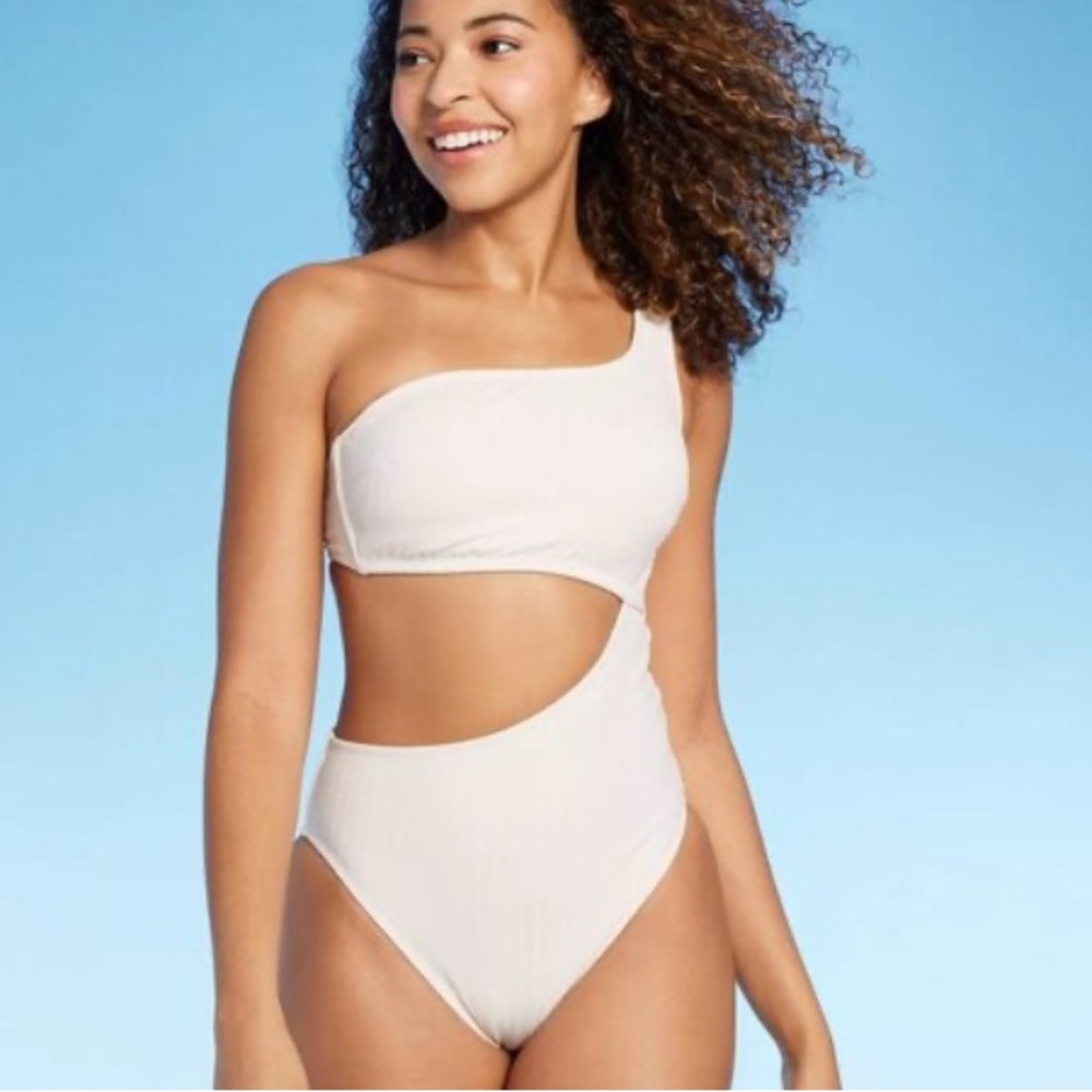 Shade & Shore Ivory Womens One Shoulder Swimwear Ribbed Piece Swimsuit M/L LNEW